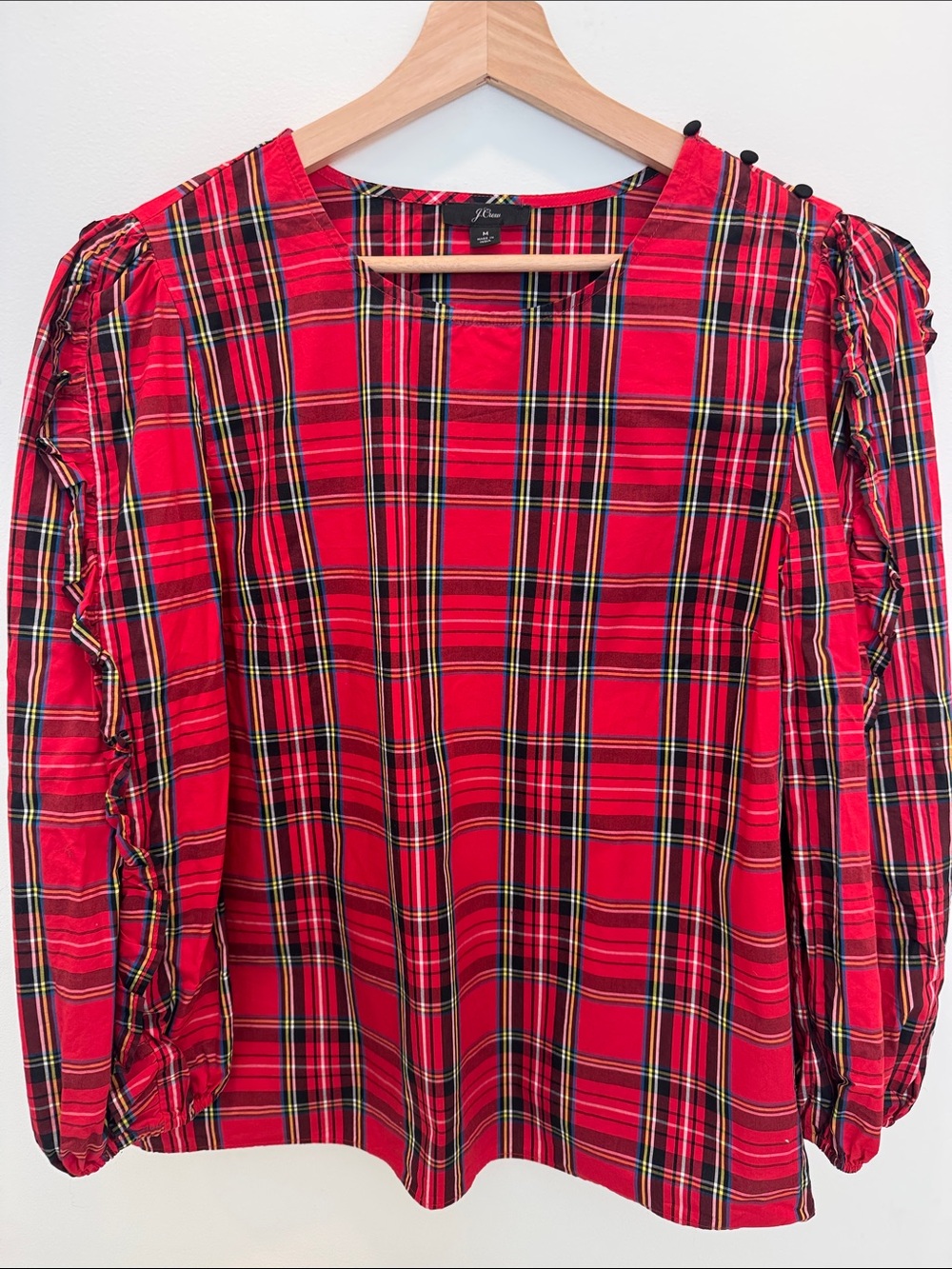 J. Crew Red Tartan Puff-Sleeve Blouse
